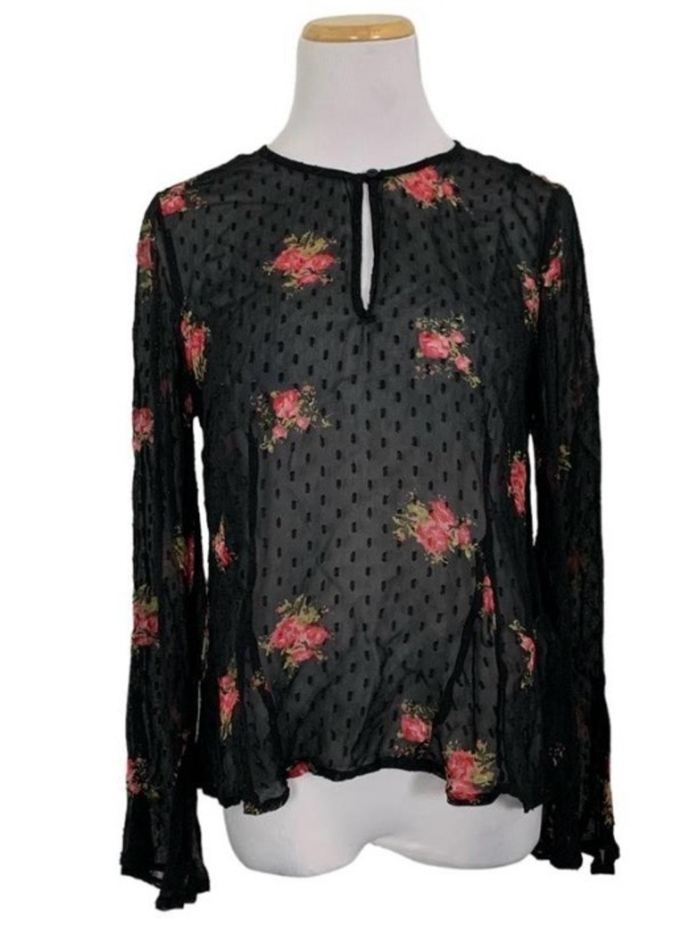 Vintage Y2K Lucky Brand Semi Sheer Swiss Dot Floral Blouse